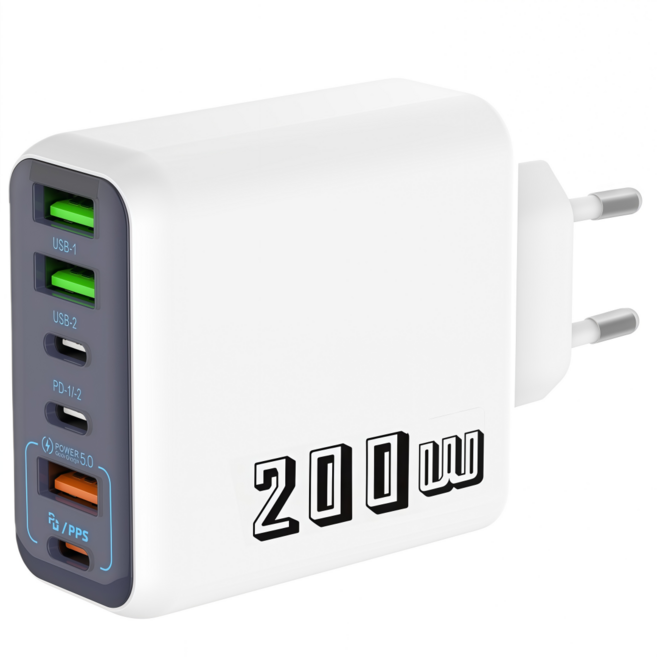 200W 접지 초고속 충전기 6포트 3USB+3PD 적용애플 아이폰 아이패드 삼성 갤럭시 픽셀 고속 전원 어댑터, 1개, 화이트