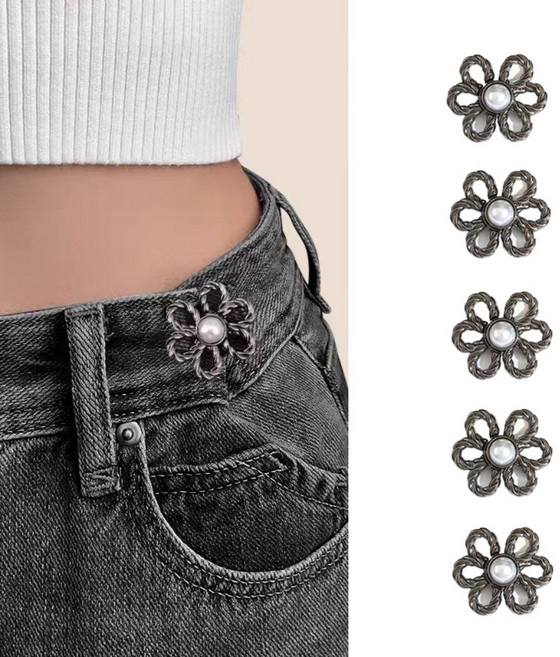 바지 허리조절 클립 꽃 조절핀 요술 단추 5개세트, 블랙×5개