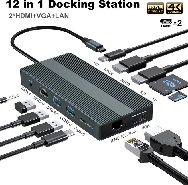듀얼 모니터 C타입 허브 트리플 디스플레이 도킹 스테이션 HDMI VGA 2 개 포함 4K 기가비트 이더넷 C타입 PD SDTF 35mm 어댑터 10 인 1, 1)8 in 1, 1개