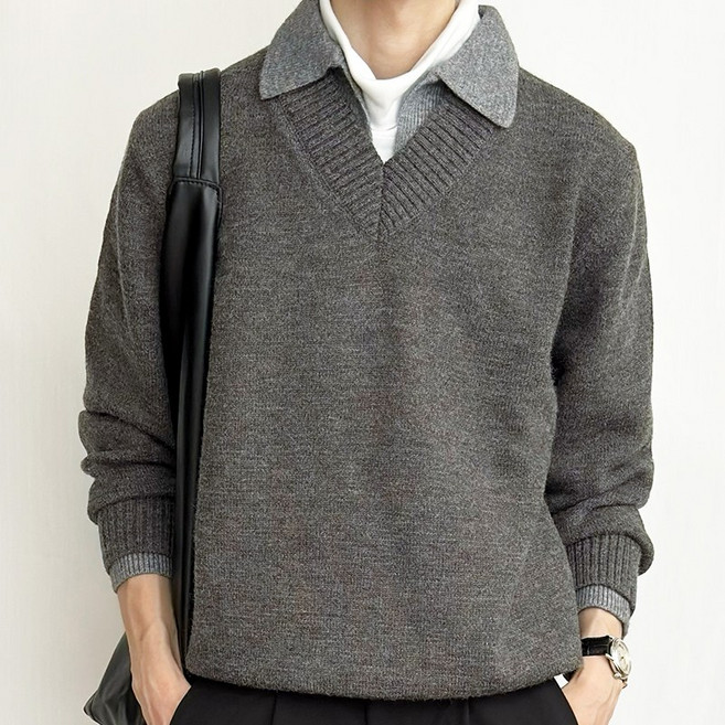 비아크스 고중량 남성 브이넥 카라니트 두껍고 탄탄한 가을겨울 니트티