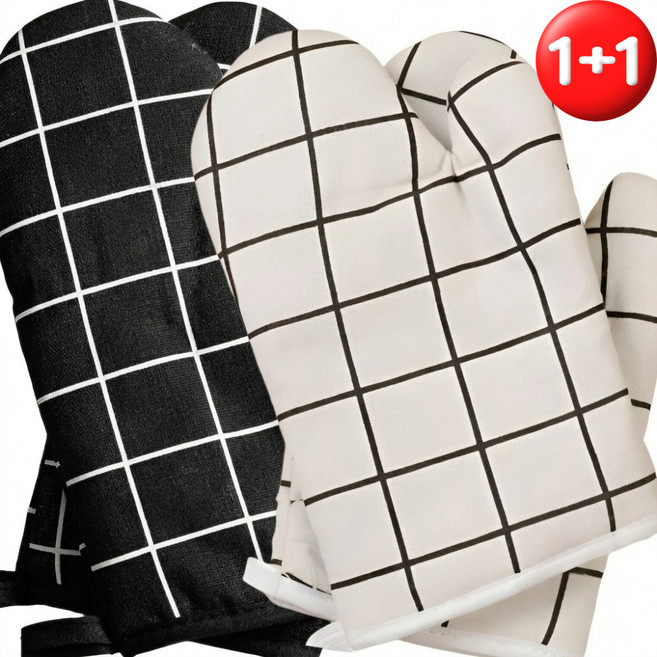 1+1 두꺼운 열차단 오븐장갑 뜨거운 냄비장갑, 2개, 블랙+화이트