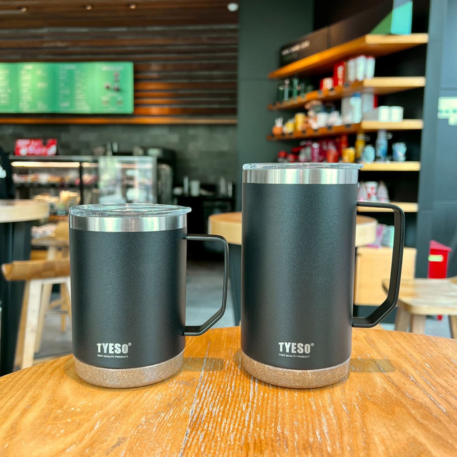 TYESO 304不鏽鋼橡木軟底手柄咖啡杯 創意保溫保冰馬克杯 露營泡茶環保牛奶杯, 瑪瑙黑,530ML, 1個, 530ml