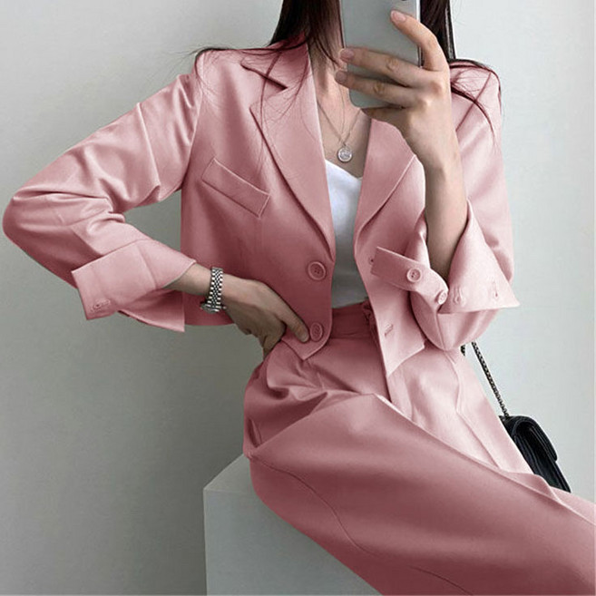 여성 정장 투피스 긴팔 크롭 숏 자켓 + 밴딩 하이웨스트 와이드 슬랙스 팬츠 세트 하객룩 오피스룩 출근룩