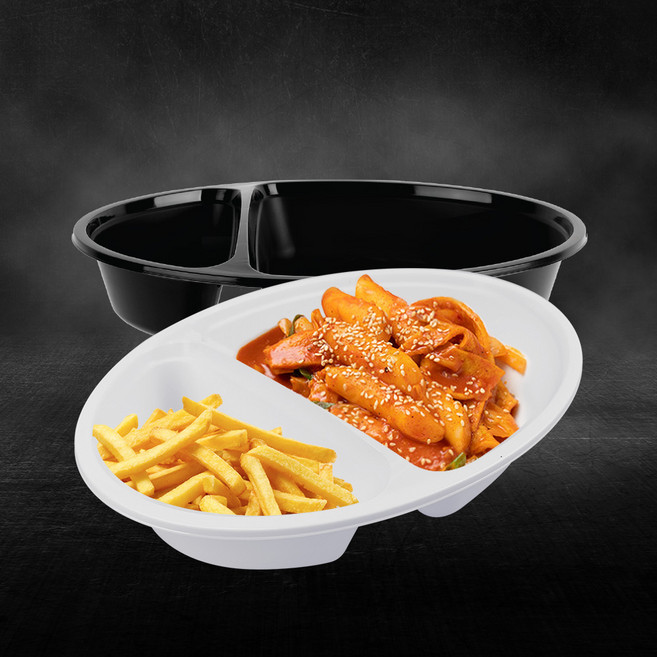 다회용 사출 타원형 접시, 1개, E285-2칸 백색, 50개