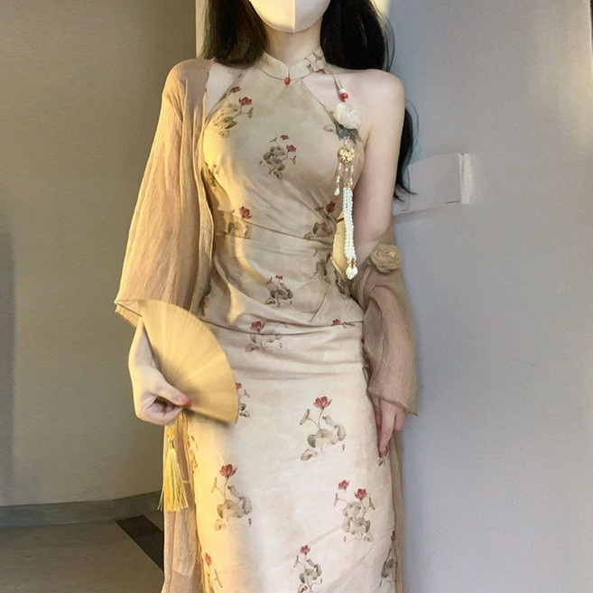 復古新中式改良旗袍連衣裙 年輕款性感碎花長裙 春夏季單品, 單開衫 不含配飾,S