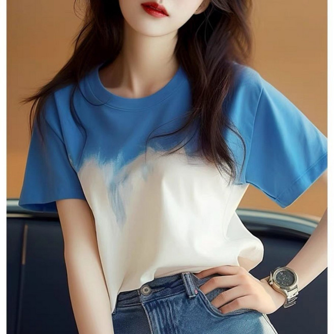 Choyur여성 반팔 배색 페인팅 티셔츠 패셔너블 디자인 캐주얼 베이직wjj
