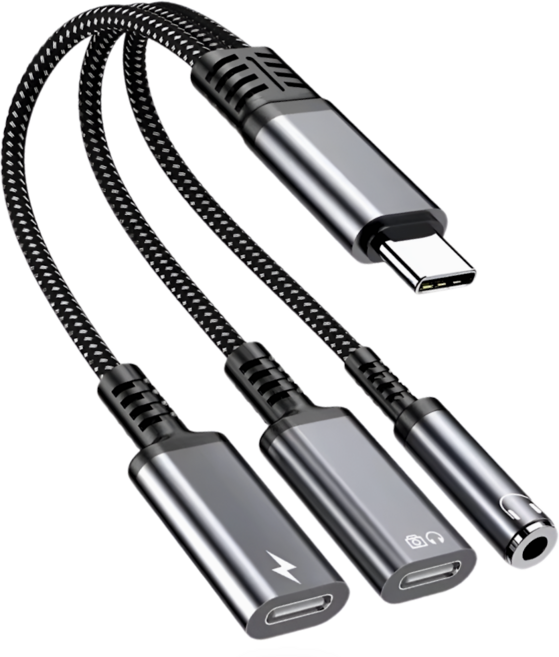 넥토 C타입 이어폰 PD 60W 충전 동시 변환젠더 듀얼C+3.5mm, 1개, 그레이, 13cm