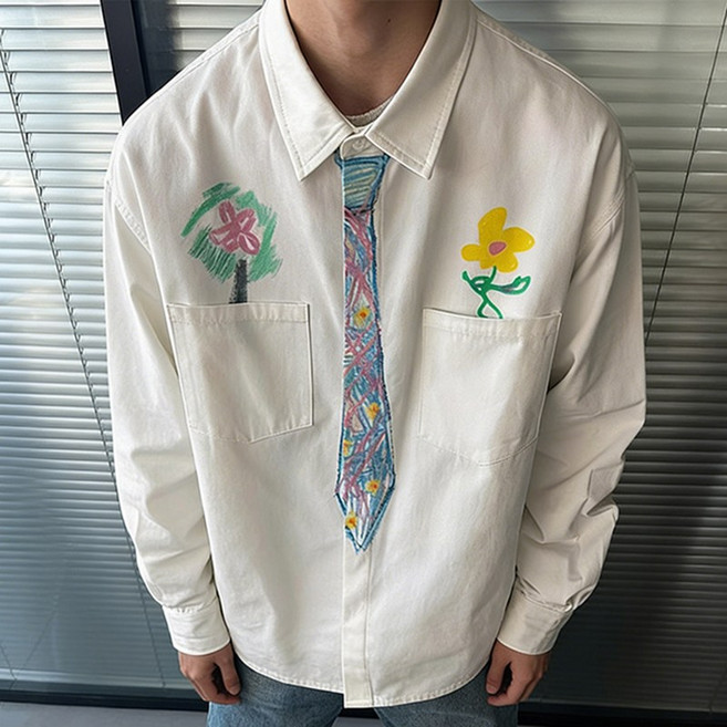 인어미남 남성 봄가을 창의적인 디자인 잔꽃무늬 손그림 루즈핏 셔츠 아우터 상의