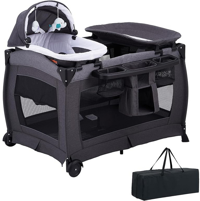 접이식 베이비베드 함께 자는 베이비 서클 요리카고(요람) 기저귀 교환대 포함 부드러운 매트 걸이형 장난감 수납 가방 포함 캐스터 스토퍼 포함 신생아·영아용
