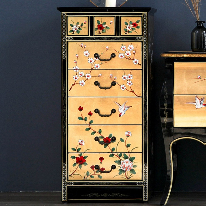 신라목재 금박 나비장 서랍 수납 장식장 콘솔 골드블랙 거실 침실 인테리어, A.란제리장