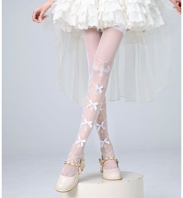 洛麗塔 蝴蝶結印花 交叉花邊 過膝白絲襪, 1個, 白色蝴蝶結