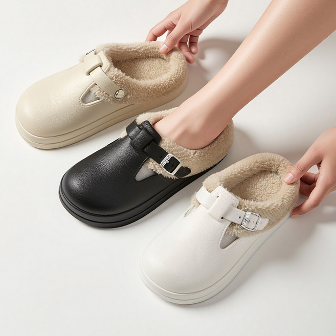 Quatma 겨울 신발 여성 베이직 통굽 털 슬리퍼