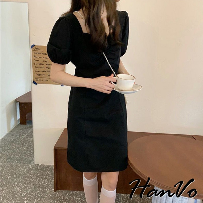 HanVo 法式氣質泡泡袖方領連身裙 舒適透氣親膚復古中長裙 韓系女裝, 黑色