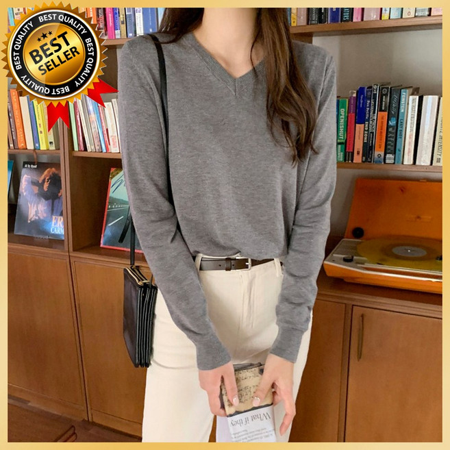 부드러운 기본 캐시미어 여성 니트 티셔츠 루즈핏 오버핏 브이넥 라운드 니트티