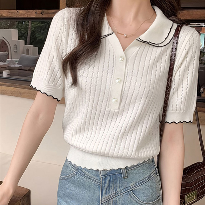SOSISI 여성 반팔 니트 이중 카라넥 물결스트링 골지 여름 니트 티 H46172