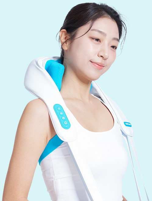 웰큐어 목 어깨 마사지기 경추 승모근 온열 충전식 안마기 +전용파우치, 화이트블루, W100