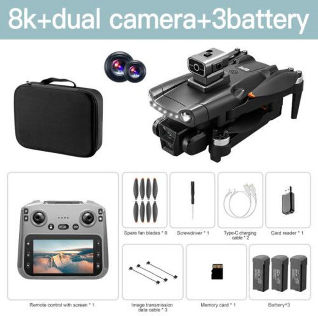 Xiaomi V198 MAX GPS 드론 8K HD 항공 사진 듀얼 카메라 브러시리스 쿼드로터 레이저 장애물 회피 공중 광학, 4)Screen-8K-3B, 1개