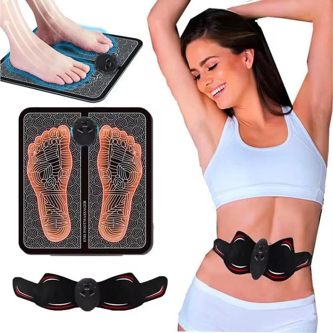 운동기구 세트 EMS 발마사지 패드와 뱃살 트레이너 조합 저주파복근운동기구, 검정색, EMS-2