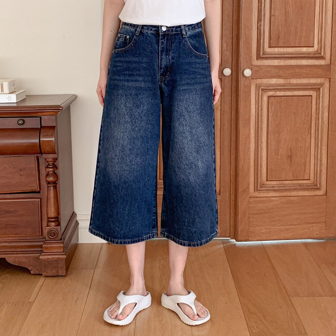 쏘옷 여성용 워싱 데님 8부 버뮤다 와이드 팬츠