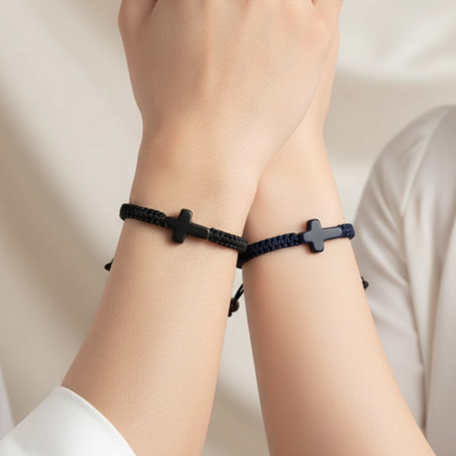 커플 우정 남녀공용 심플 미니 십자가 스트랩 매듭 팔찌 2종 세트 A2529