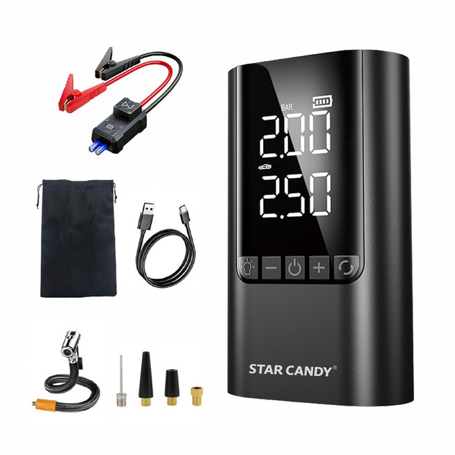 STAR CANDY 汽車電霸打氣機 多功能便攜式充氣泵 內建行動電源與LED照明 適用多種車型, 黑色, 1套
