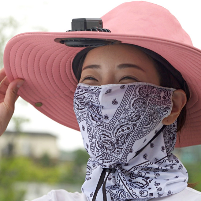 쌩쌩 신바람 선풍기 모자 귀걸이 버프 USB케이블 3종세트 자외선차단 쿨링, 연핑크색모자세트