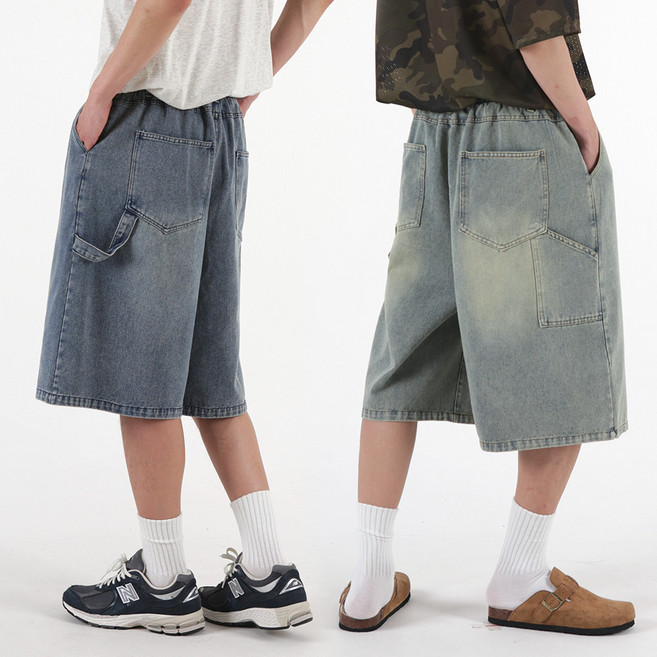 [오버나인] 남자 남성 워싱 데님 와이드 버뮤다 팬츠 반바지