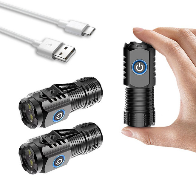 비몬 40g 초경량 미니 손전등 3구 LED 충전식 C타입 후레쉬 휴대용 자석 랜턴, 블랙, 2개