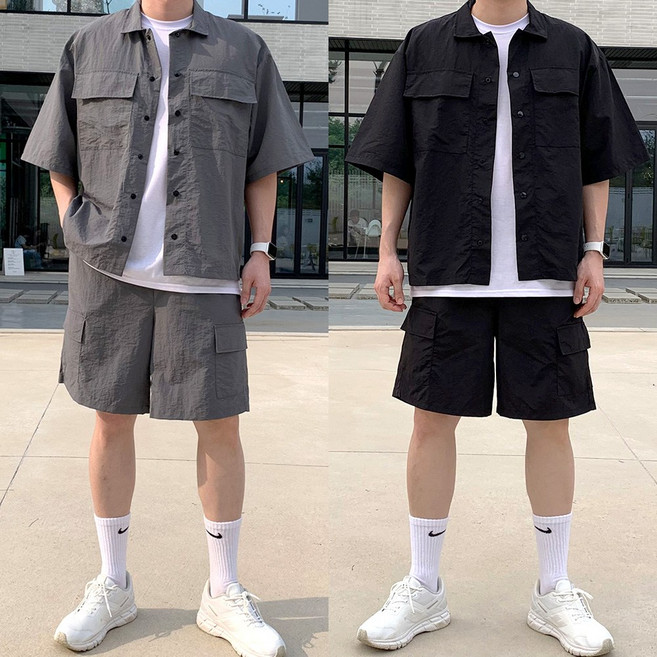 남자 여름 나일론 셋업 세트 반팔 셔츠 카고 반바지