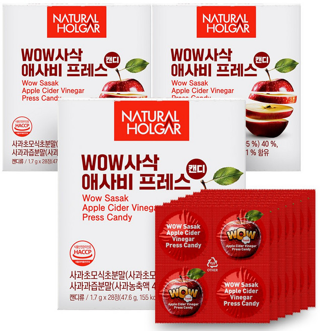 네츄럴올가 유기농 WoW사삭 애사비 캔디 고체 사과식초, 3개, 28정