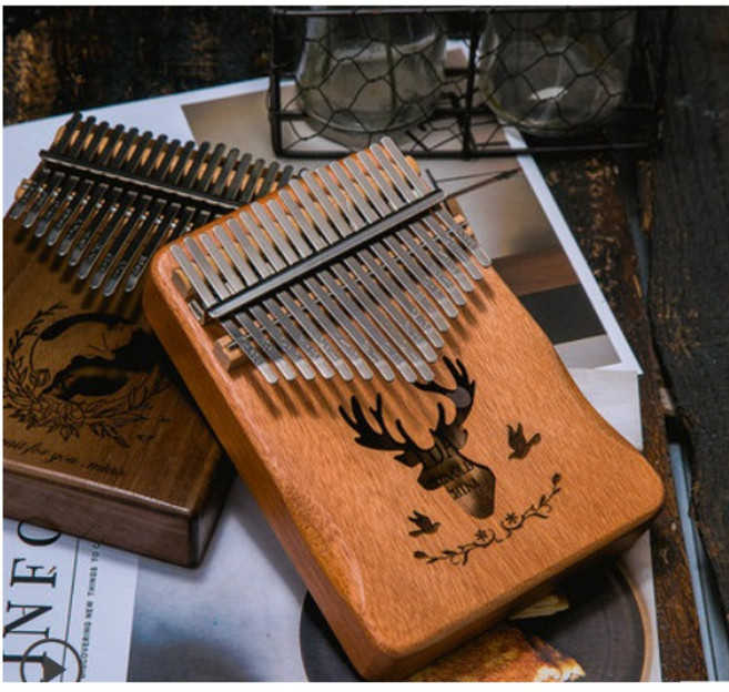 拇指琴 卡林巴琴 附絨毛收納袋、輔助貼紙、金屬保養琴布、調音槌, 1個, 17音桃花心木-淺色馴鹿