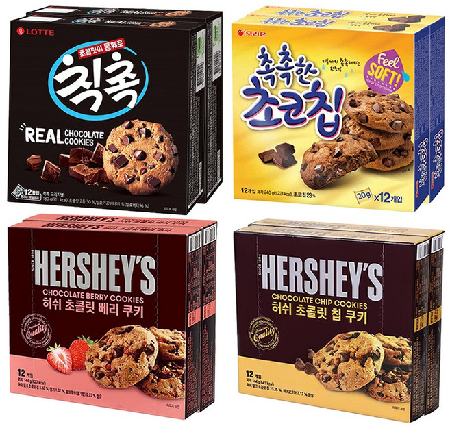 촉촉한 초코칩 240g+칙촉 180g+허쉬 초콜릿칩쿠키 144g+허쉬초콜릿베리쿠키 144g (총 4개), 2개, 708g
