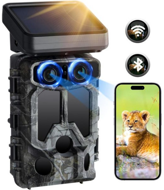 VOOPEAK 솔라 트레일 카메라 WiFi 듀얼 렌즈 4K 30FPS 60MP 별빛 나이트 비전 블루투스 게임 0.1s 트리거 IMX458 센서 모션 활성화 IP66 방수 사냥, Grey