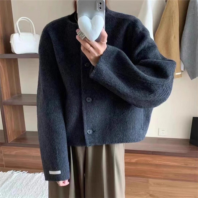 겨울 여성 루즈핏 심플 라운드 쇼트 모직 코트 zy