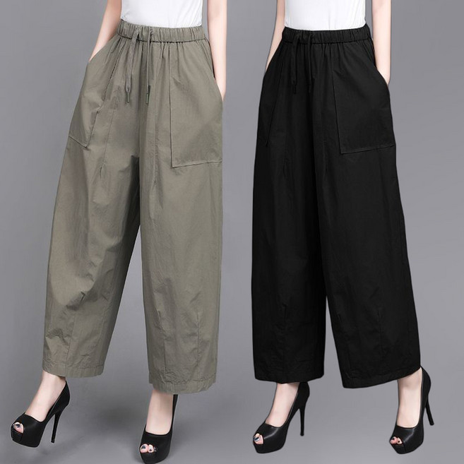 50대 중년 여성용 얇은 배기바지 통기 시크 밴딩 와이드 팬츠 하이웨스트 카고팬츠 부드러운 슬랙스