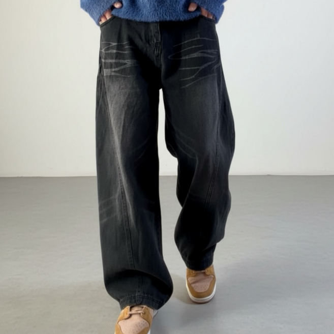 캣브러쉬 워싱 와이드핏 데님 팬츠 남성 청바지