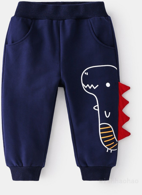 男童立體恐龍休閒縮口褲 兒童純棉造型長褲 藏青色 春秋舒適全棉束口褲