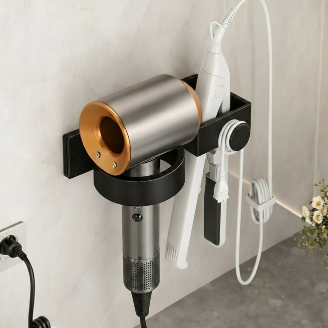 홈킹 고급형 드라이기 고데기 거치대 무타공 타공 겸용, 블랙, 1개