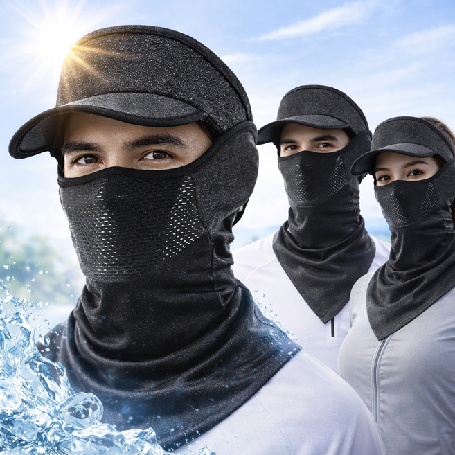 아이스실크 냉감마스크 모자 일체형 자외선차단 고탄력 통풍메쉬 여름 스포츠 골프 자전거 햇빛가리개, 1개, 블랙