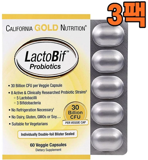 캘리포니아골드뉴트리션 CGN 락토비프 프로바이오틱스 300억 유산균, 60정, 3개 - 쿠팡