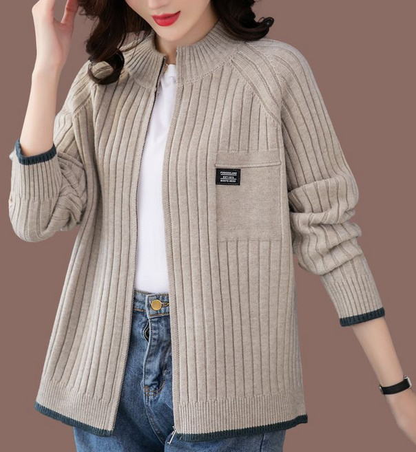 패션 가을 중년 여성 니트 가디건 집업 라운드 가디건 골지 루즈핏 빅사이즈 스판좋은 니트 긴팔 아우터 엄마 가디건 간절기