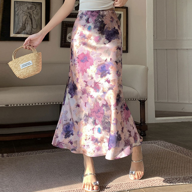마이클로젯 MC0115 꽃프린팅 머메이드 새틴 롱스커트