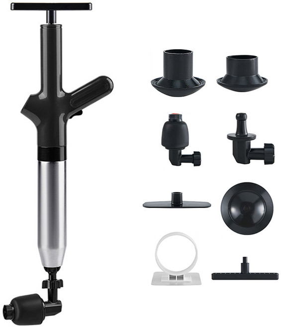 아이라 세면대 변기 막혔을때 고압 압축기 에어 뚫어뻥 좌변기 관통기 세트, 블랙