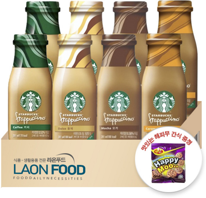 라온푸드 전용 인기세트 스타벅스 프라푸치노 병커피 커피+돌체+모카+카라멜 각2병씩 총8병 (간식 사은품 증정), 8개, 291ml