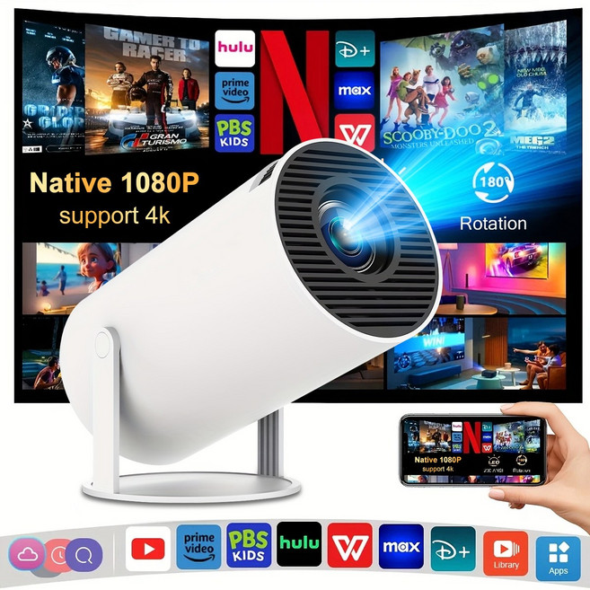 휴대용 빔 프로젝터 720P 180도 회전 화면 미러링 HD 화질 홈 빔 프로젝터 호환 로이드 11.0 스마트 빔 캠핑/크리스마스 선물로, 안드로이드 호환