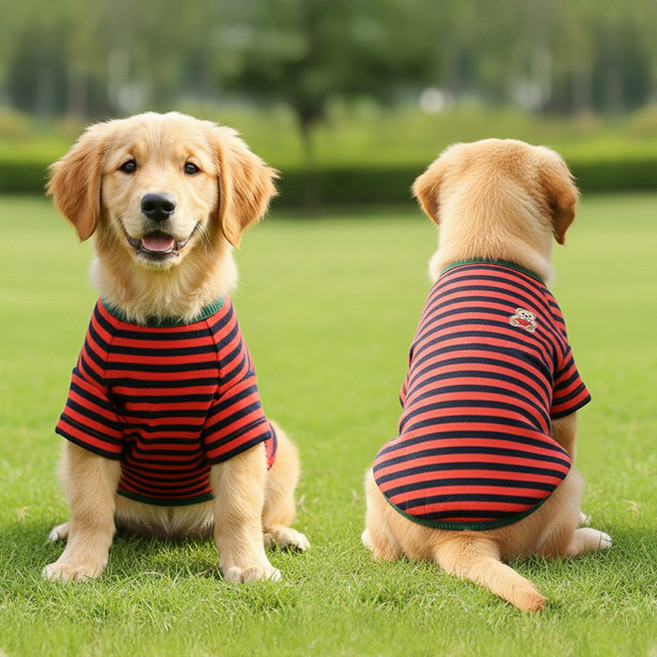 강아지옷 티셔츠 스트라이프티셔츠 강아지면티 순면티 반려동물옷 강아지옷 고양이옷, 1개, 곰돌이 레드