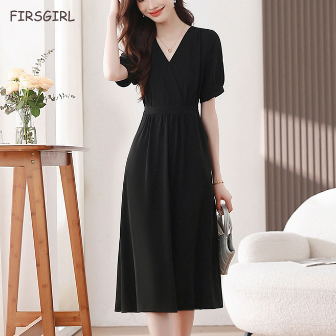 FIRSGIRL 여성 여름 반팔 브이넥 블랙 롱원피스 실루엣 날씬해 보이는 우아한 데일리룩