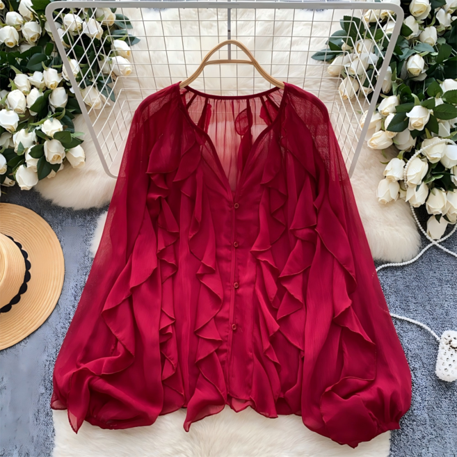 Vezri 여성 봄가을 멀티 레이어 프릴 쉬폰 블라우스 긴소매 상의 쉬폰 소재 F88