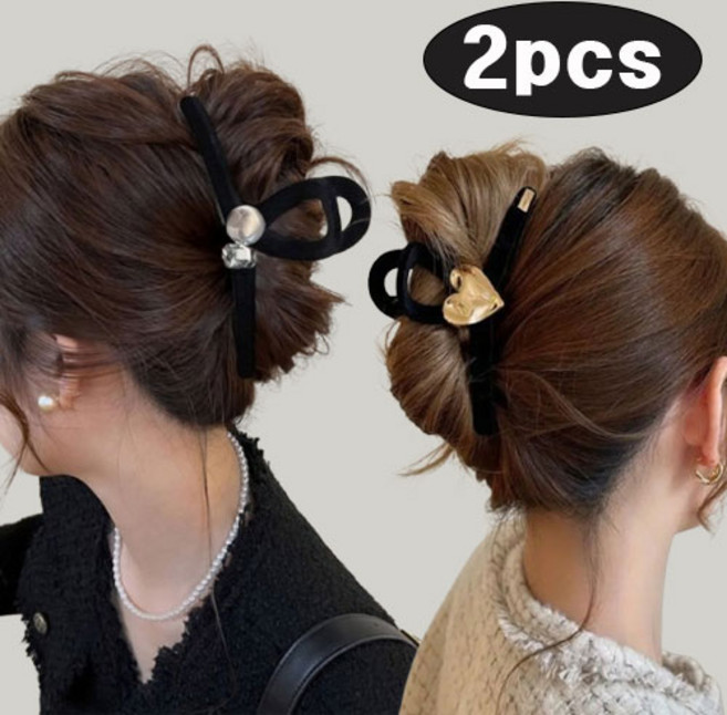 공주마마/겨울신상13cm골드하트앤골드진주벨벳올림머리집게핀2종세트
