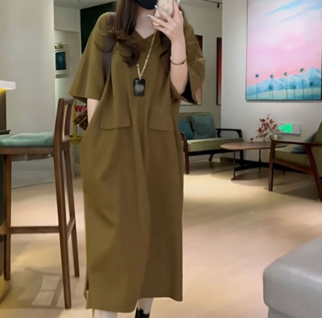 빅사이즈 여성원피스 30대 50대 여름용 얇은 브이넥 반팔